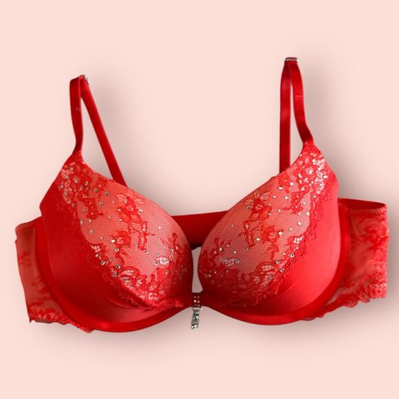 Victorias Secret Womens 36B Bra Padded Demi Red Romantic Rhinestone Lace Charm - Picture 1 of 3